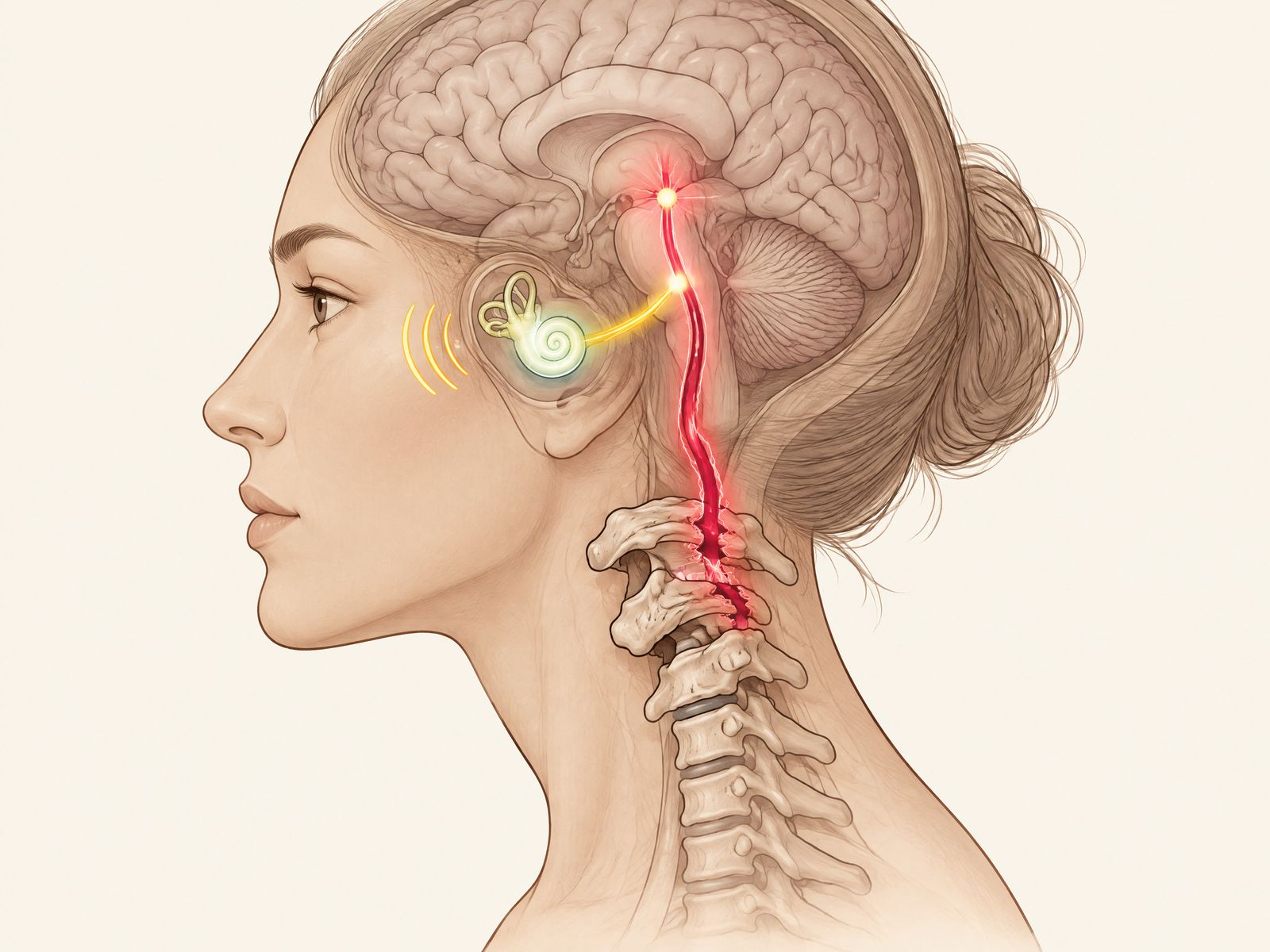 Illustration: a healthy inner ear, and a noisy nerve signal running from the upper neck vertebrae into the brainstem