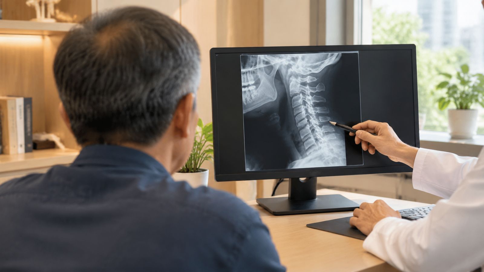 A clinician pointing at a neck X-ray on a screen while a patient looks on