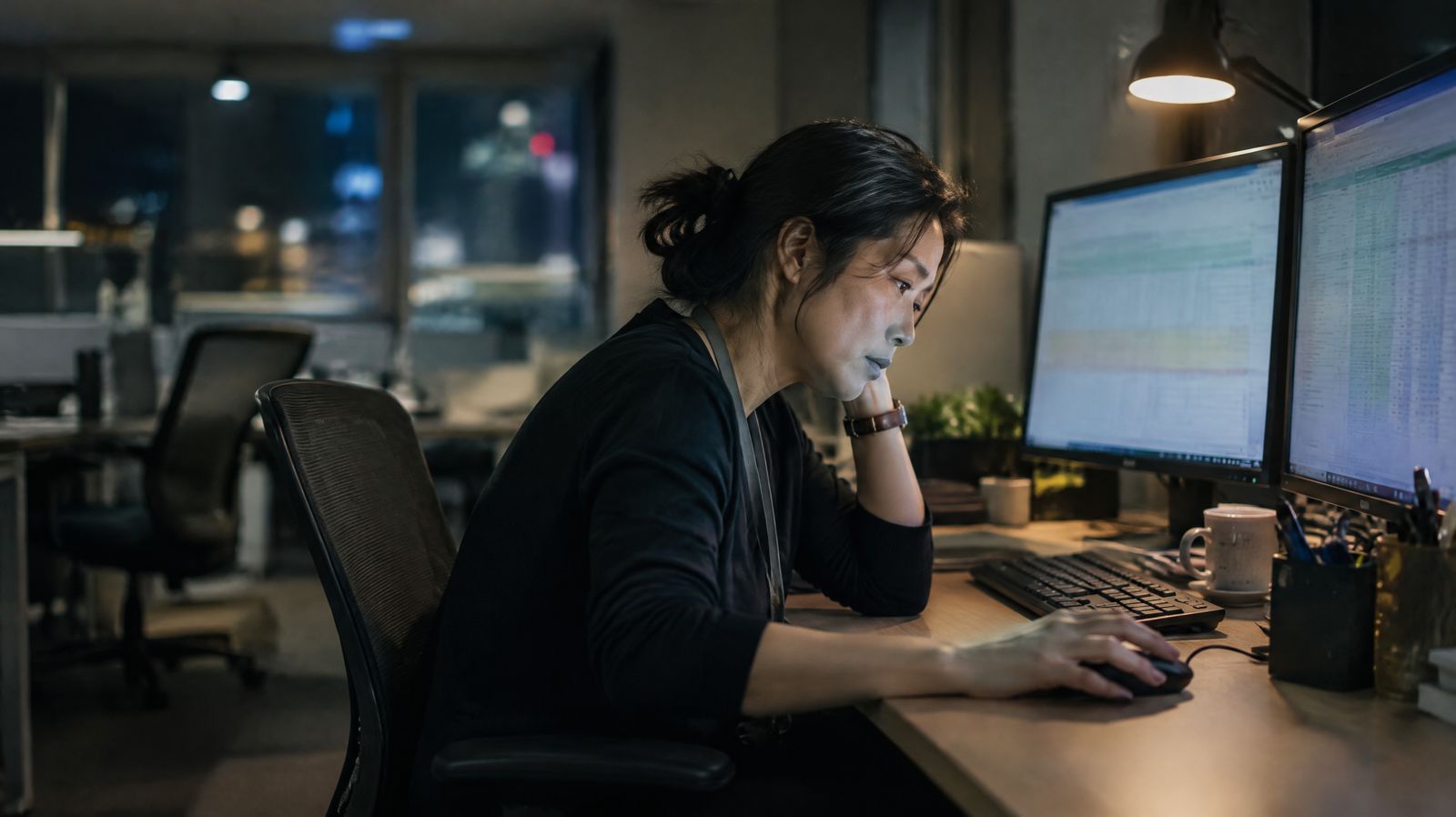 A woman working late at a desk with two monitors, hand pressed to the side of her head