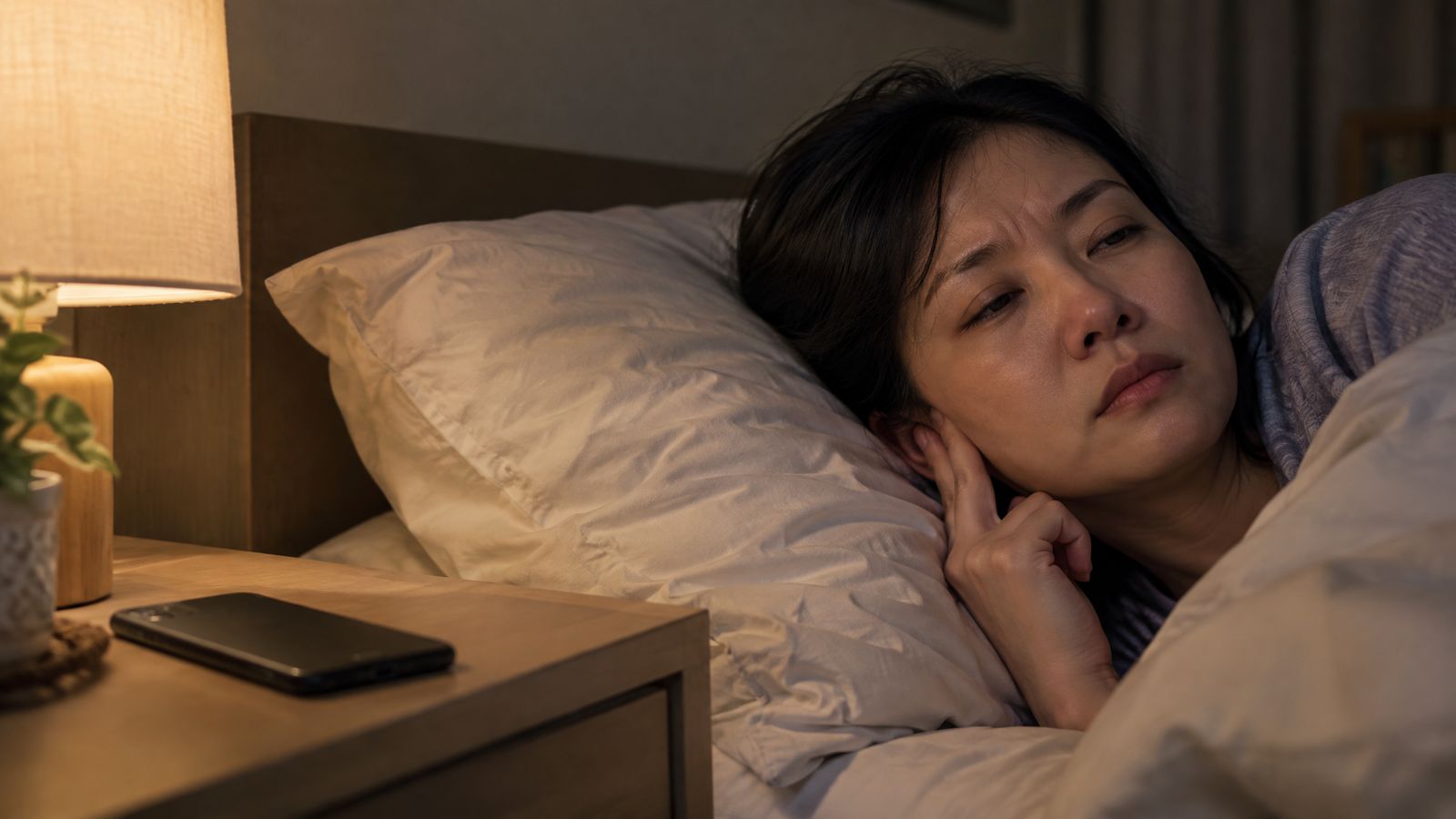 A woman lying awake in bed at night, pressing her fingers to her ear