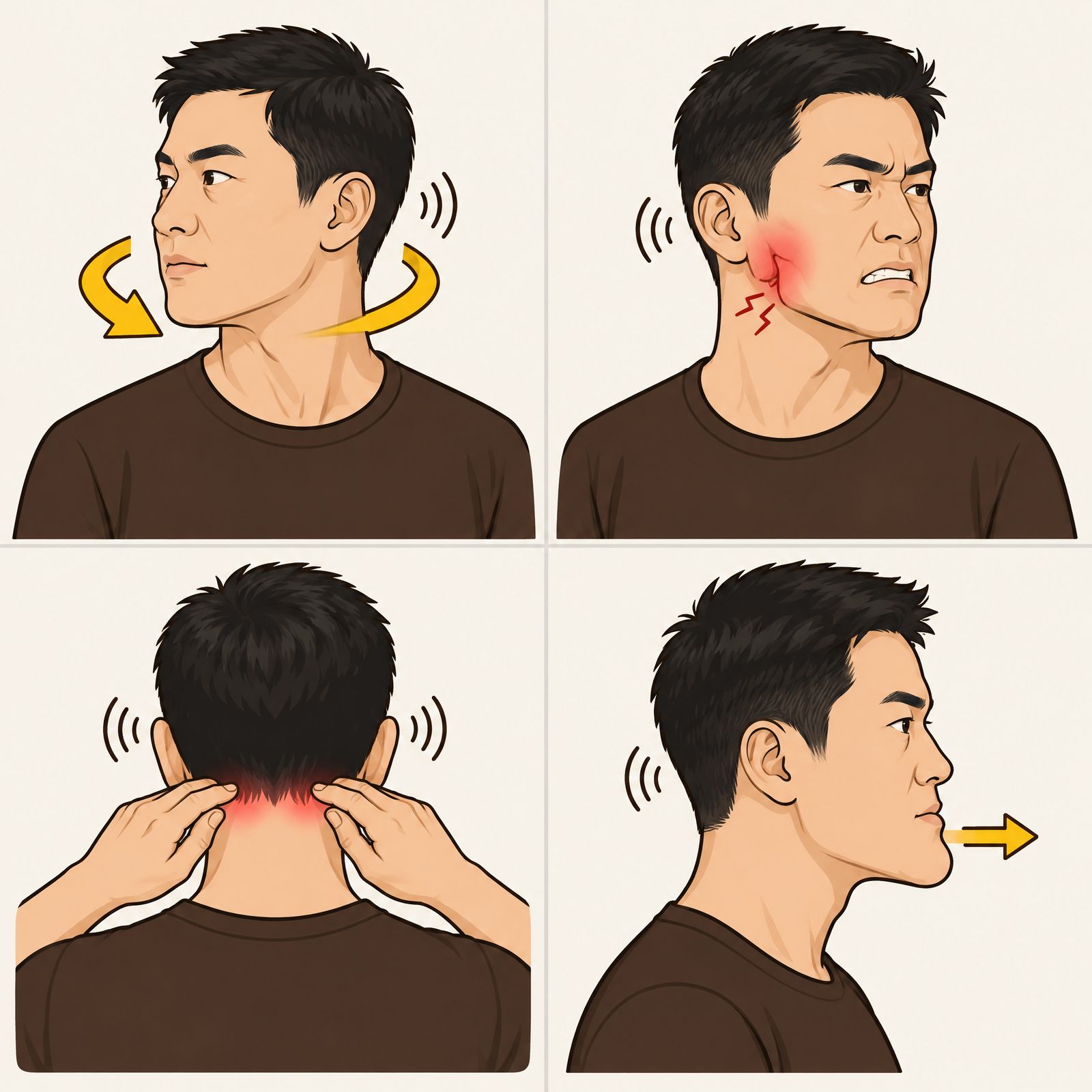 Four drawings: turning the head, clenching the jaw, pressing the base of the skull, pushing the jaw forward